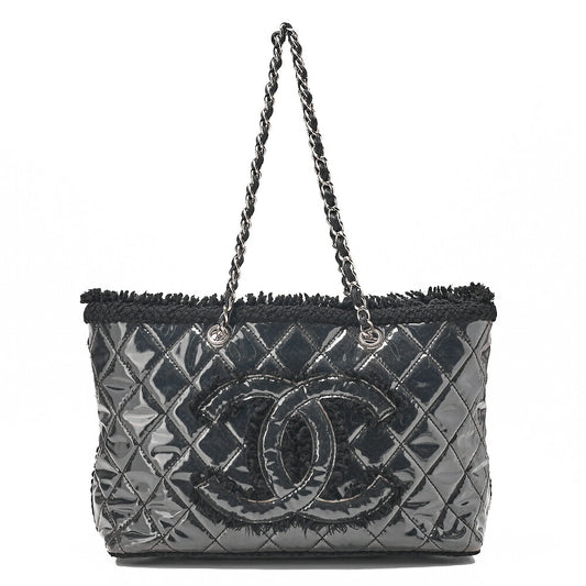 CHANEL Tweed x Leather x Vinyl Matelasse Chain Tote Bag Black Silver-Tone Hardware, Pre-Owned