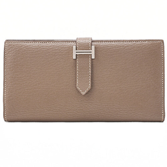 HERMES Herm?s Bearnsufer Chevre Bi-fold Long Wallet ETOUPE Silver-Tone Hardware, Pre-Owned
