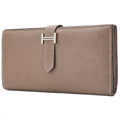 HERMES エルメス ベアンスフレ シェーブル 二つ折り長財布 エトゥープ シルバー金具 中古