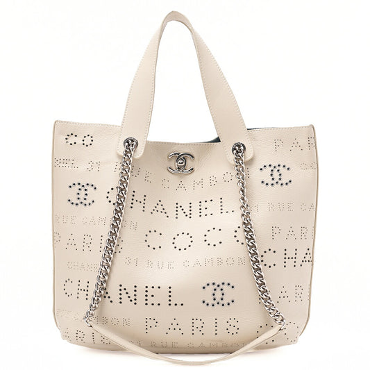 CHANEL Punched Coco Mark 2-Way Chain Tote Bag Calfskin Ivory Silver-Tone Hardware, Pre-Owned