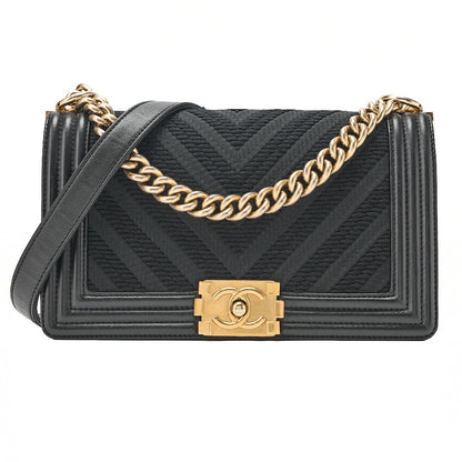 CHANEL Lambskin x Cotton Boy Chanel V-Stitch Chain Shoulder Black Gold-Tone Hardware, Pre-Owned