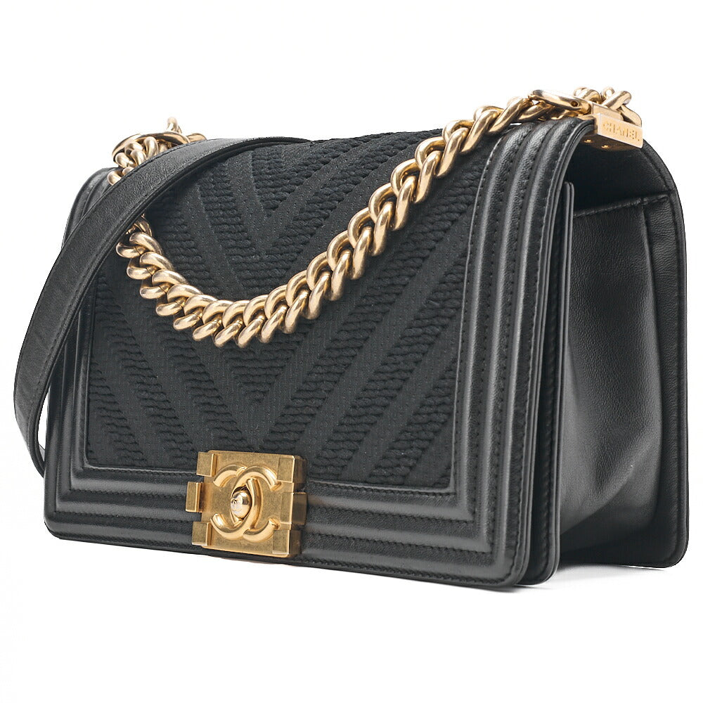 CHANEL Lambskin x Cotton Boy Chanel V-Stitch Chain Shoulder Black Gold-Tone Hardware, Pre-Owned