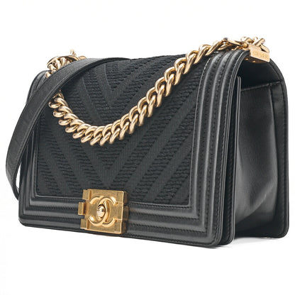CHANEL Lambskin x Cotton Boy Chanel V-Stitch Chain Shoulder Black Gold-Tone Hardware, Pre-Owned
