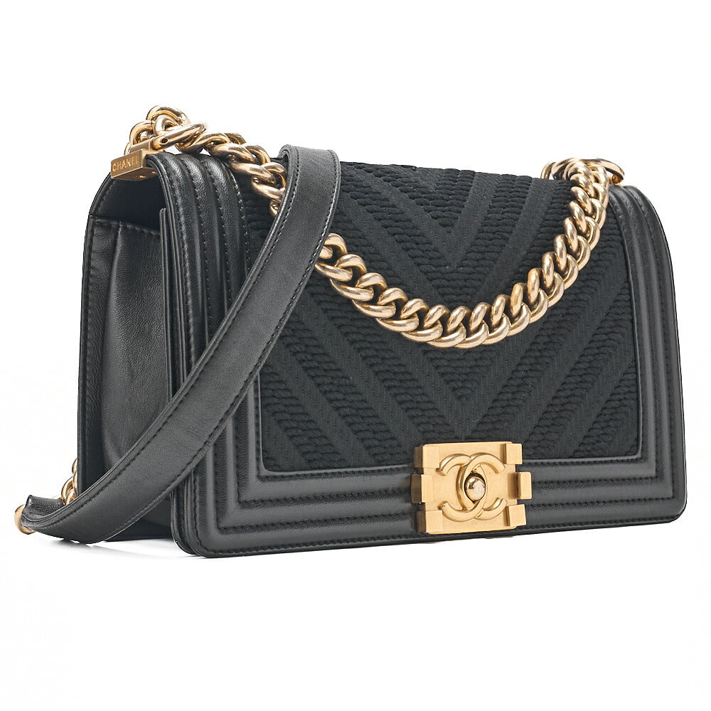 CHANEL Lambskin x Cotton Boy Chanel V-Stitch Chain Shoulder Black Gold-Tone Hardware, Pre-Owned