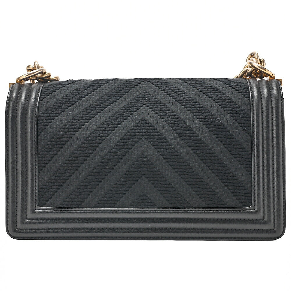 CHANEL Lambskin x Cotton Boy Chanel V-Stitch Chain Shoulder Black Gold-Tone Hardware, Pre-Owned