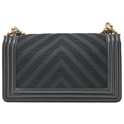 CHANEL Lambskin x Cotton Boy Chanel V-Stitch Chain Shoulder Black Gold-Tone Hardware, Pre-Owned