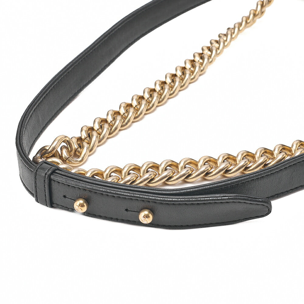 CHANEL Lambskin x Cotton Boy Chanel V-Stitch Chain Shoulder Black Gold-Tone Hardware, Pre-Owned