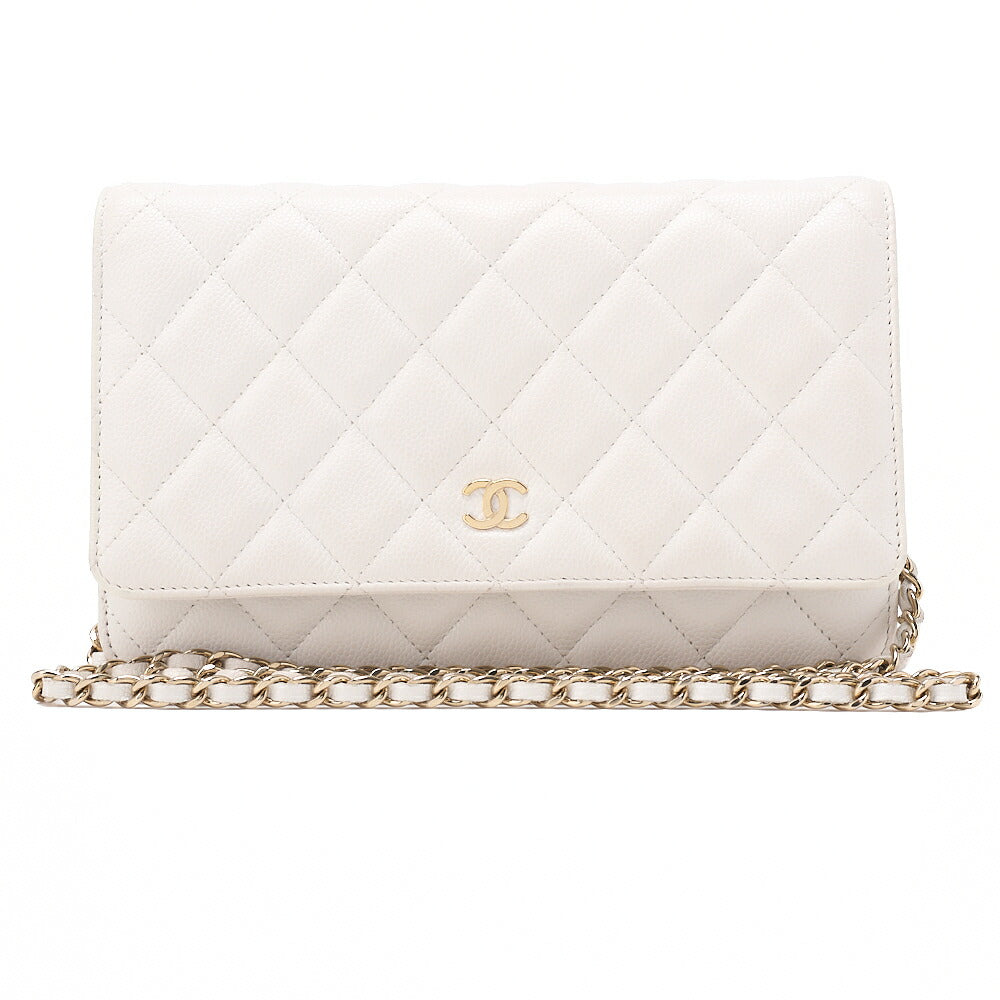CHANEL シャネル マトラッセ チェーンウォレット キャビアスキン 白 ゴールド金具 中古