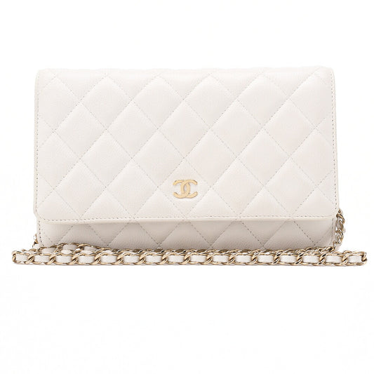 CHANEL Chanel Matelasse Chain Wallet Caviar Skin White Gold-Tone Hardware, Pre-Owned