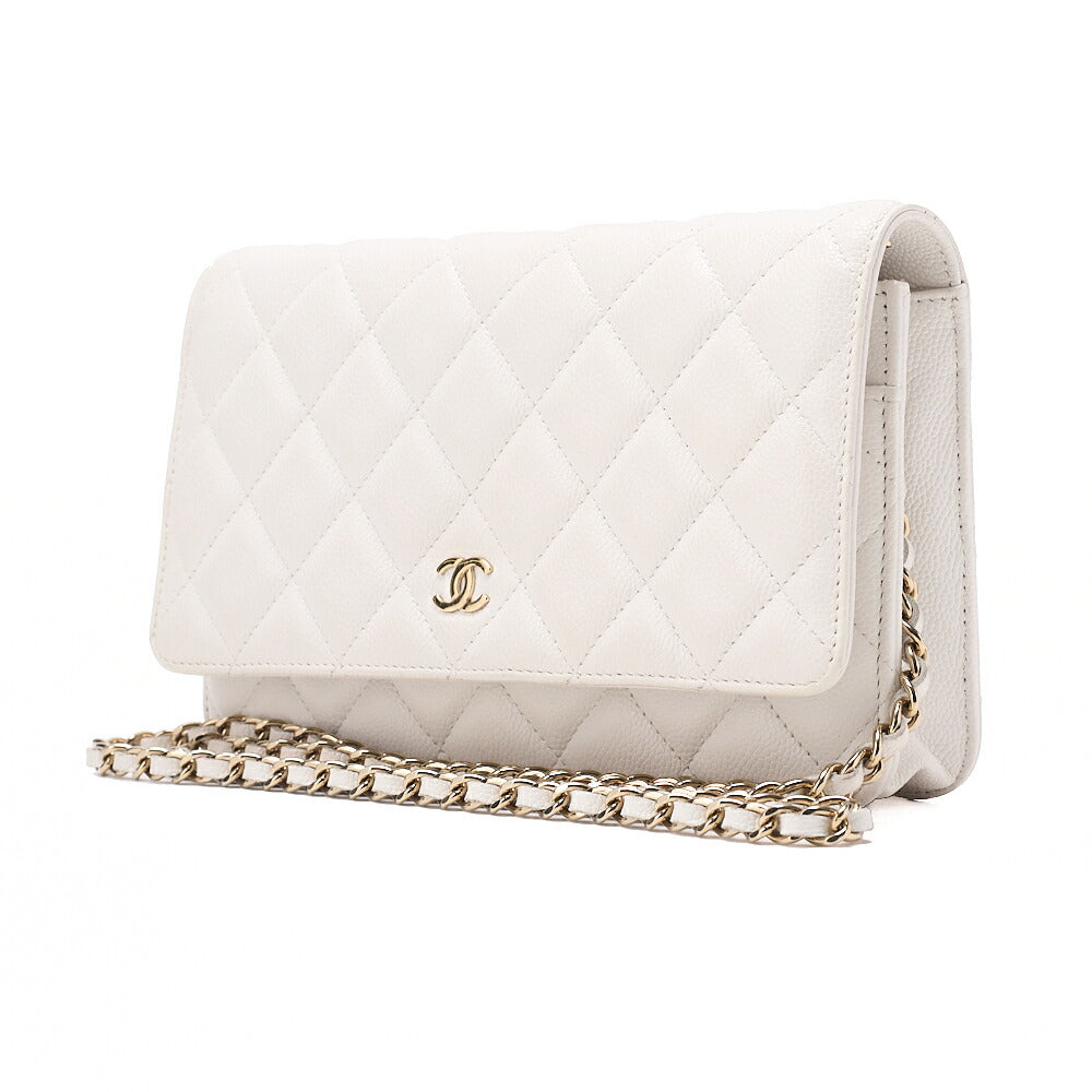 CHANEL シャネル マトラッセ チェーンウォレット キャビアスキン 白 ゴールド金具 中古