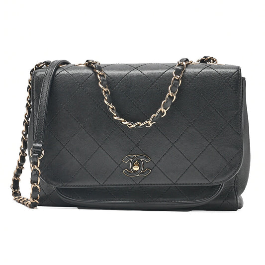 CHANEL Vintage Calf Matelasse Chain Shoulder Black Gold-Tone Hardware, Pre-Owned