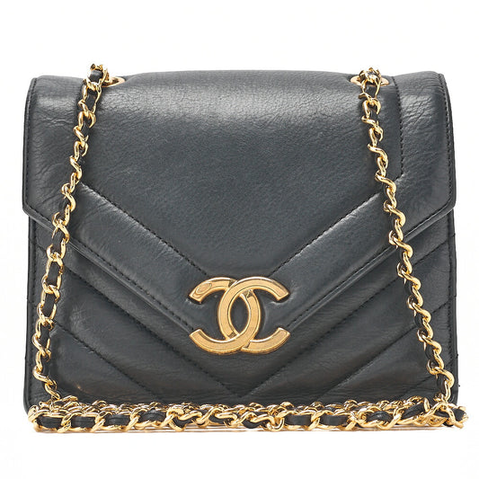 CHANEL Calfskin V-Stitch Chevron Coco Mark Chain Shoulder Black Gold-Tone Hardware, Pre-Owned