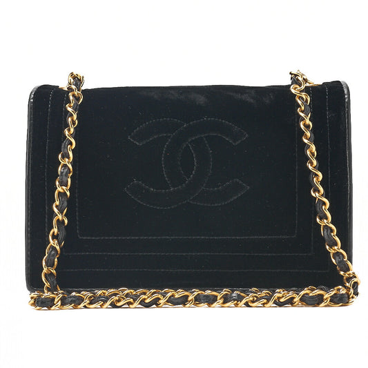 CHANEL Full Flap Push Lock Velour Black Coco Mark Chain Shoulder Gold-Tone Hardware, Pre-Owned