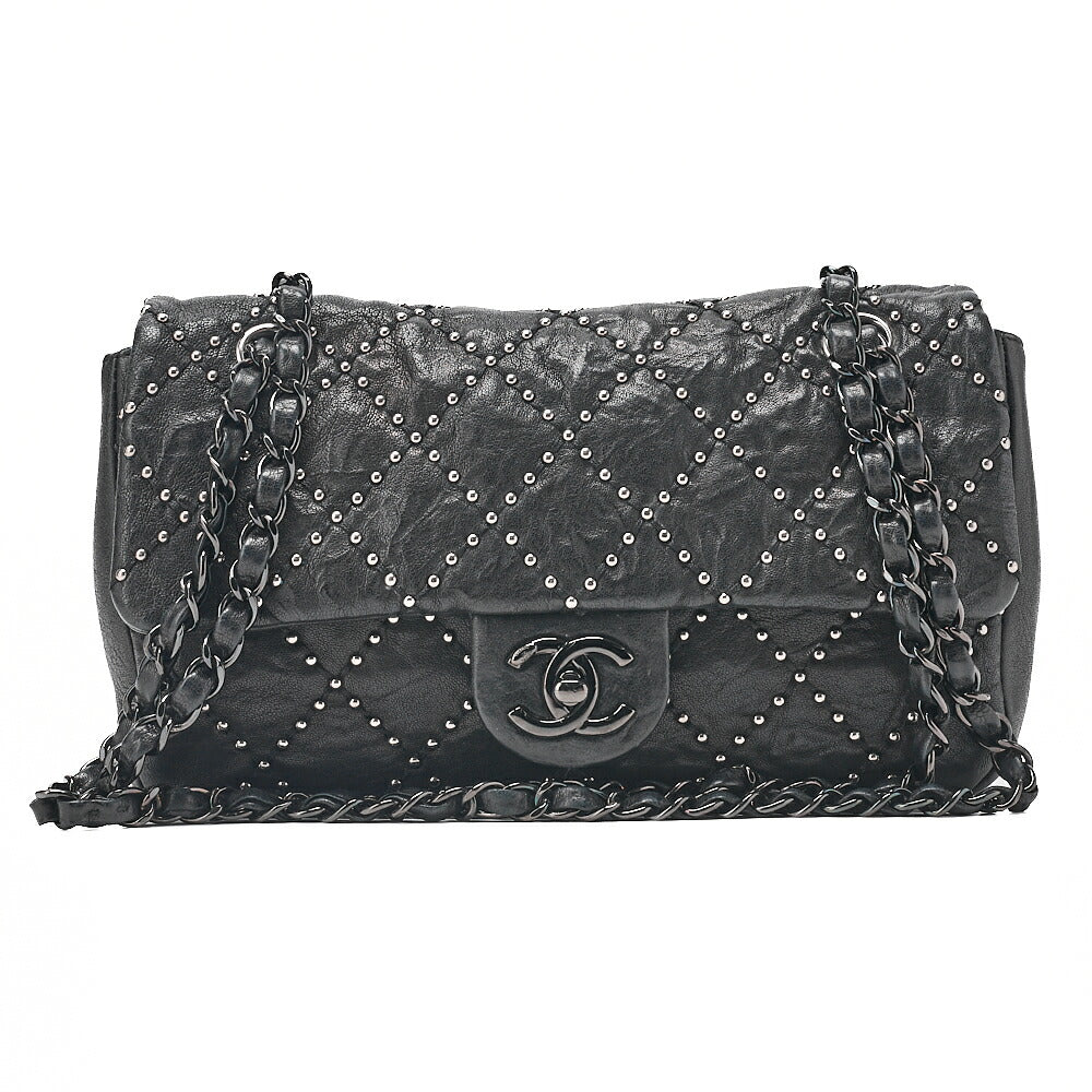 CHANEL カーフスキン スタッズ マトラッセ シングル フラップ チェーンショルダーバッグ ブラック 黒金具 中古品