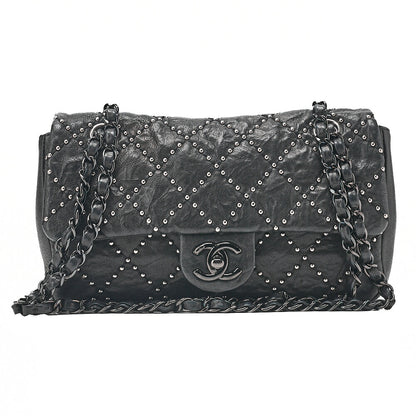 CHANEL カーフスキン スタッズ マトラッセ シングル フラップ チェーンショルダーバッグ ブラック 黒金具 中古品