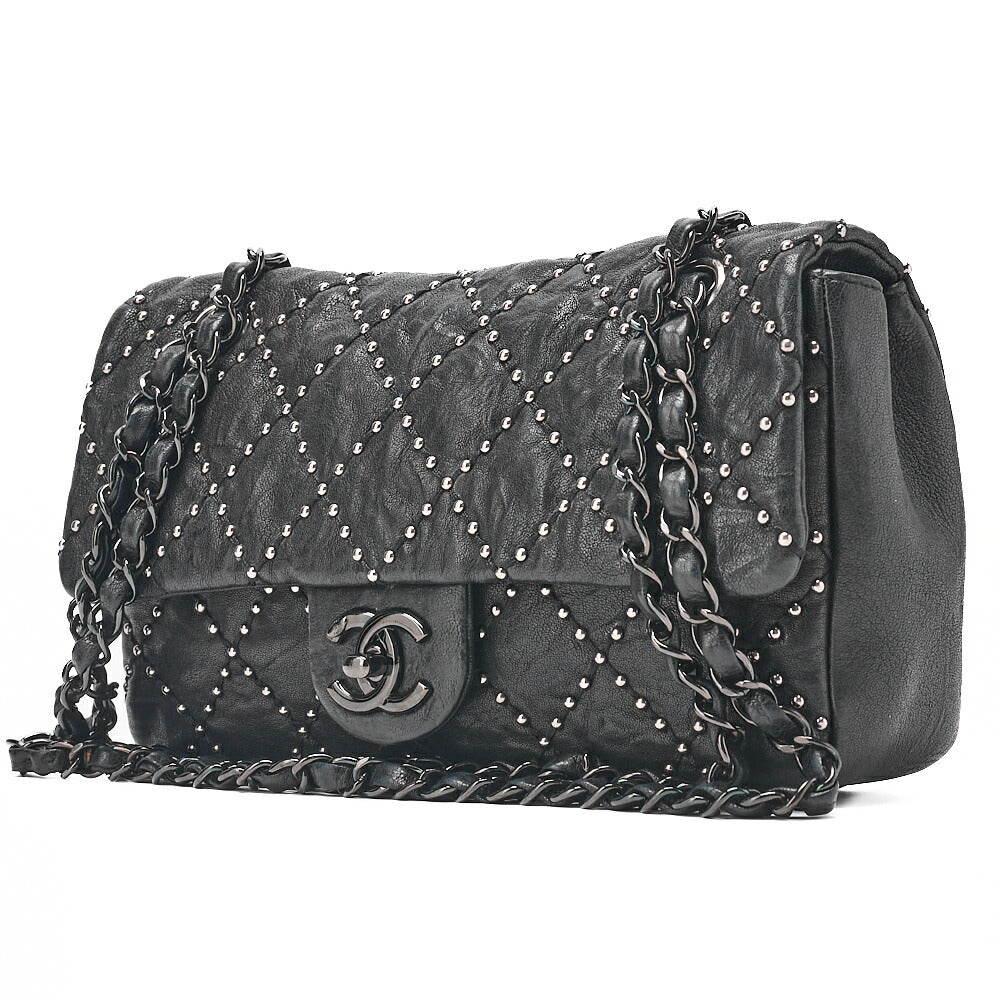 CHANEL カーフスキン スタッズ マトラッセ シングル フラップ チェーンショルダーバッグ ブラック 黒金具 中古品
