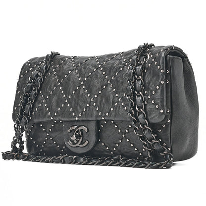 CHANEL カーフスキン スタッズ マトラッセ シングル フラップ チェーンショルダーバッグ ブラック 黒金具 中古品