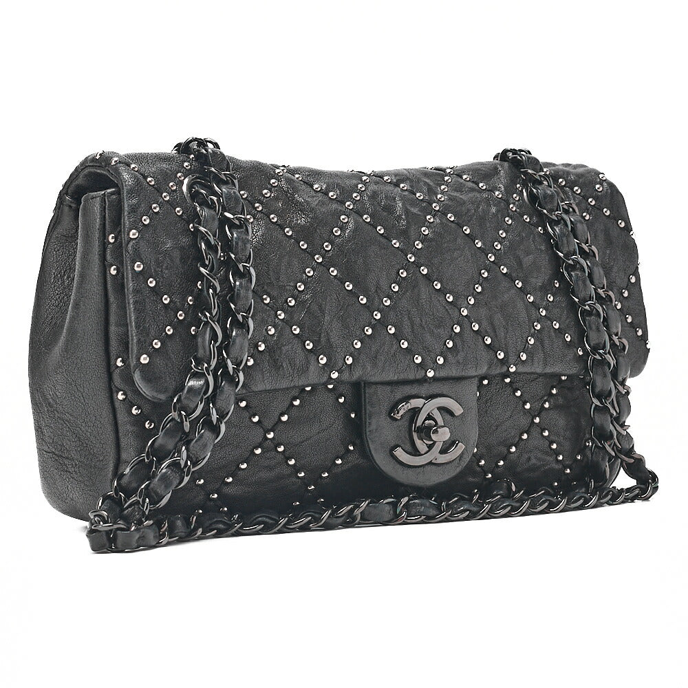 CHANEL カーフスキン スタッズ マトラッセ シングル フラップ チェーンショルダーバッグ ブラック 黒金具 中古品