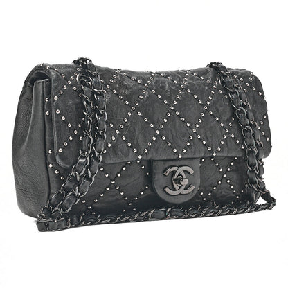 CHANEL カーフスキン スタッズ マトラッセ シングル フラップ チェーンショルダーバッグ ブラック 黒金具 中古品