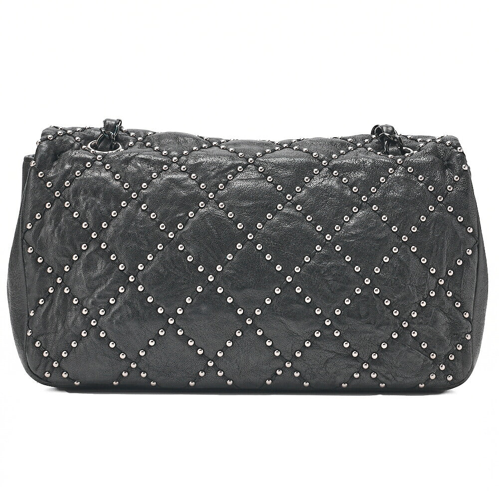 CHANEL カーフスキン スタッズ マトラッセ シングル フラップ チェーンショルダーバッグ ブラック 黒金具 中古品