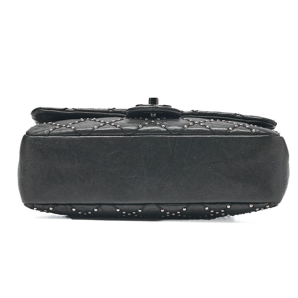 CHANEL カーフスキン スタッズ マトラッセ シングル フラップ チェーンショルダーバッグ ブラック 黒金具 中古品