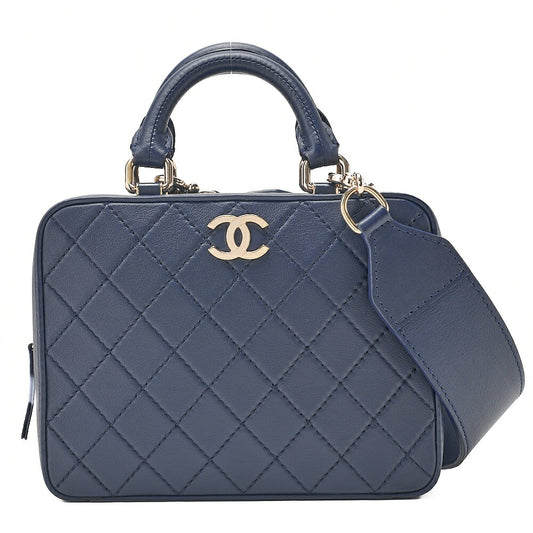 CHANEL Matelasse 2WAY Chain Shoulder Square Calfskin Navy Gold-Tone Hardware, Pre-Owned