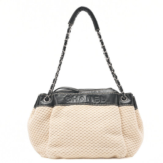 CHANEL Logo Mark One-Shoulder Bag Cotton ⅹ Lambskin Black x White Silver-Tone Hardware, Pre-Owned