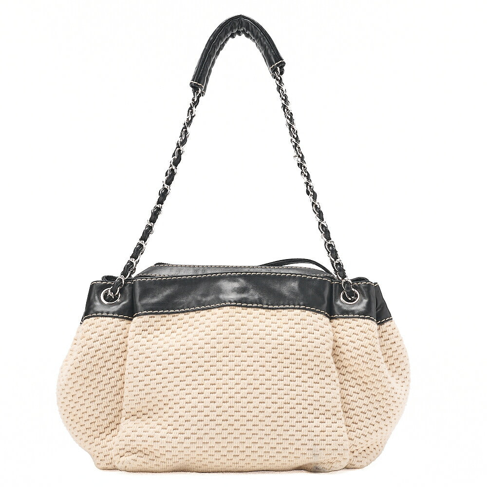 CHANEL ロゴマーク ワンショルダーバッグ コットン × ラムスキン 黒×白 シルバー金具 中古品