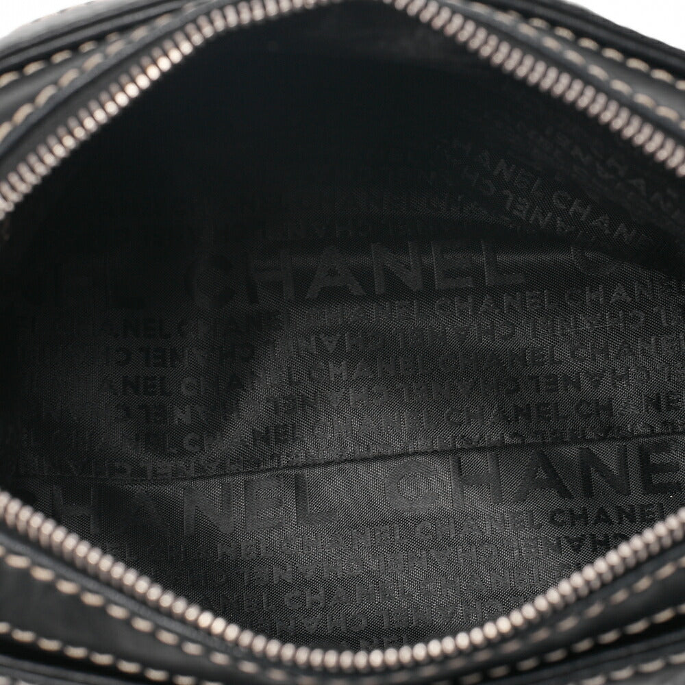 CHANEL ロゴマーク ワンショルダーバッグ コットン × ラムスキン 黒×白 シルバー金具 中古品