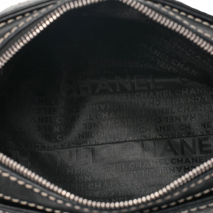 CHANEL ロゴマーク ワンショルダーバッグ コットン × ラムスキン 黒×白 シルバー金具 中古品