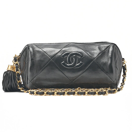 CHANEL Lambskin Matelasse Coco Mark Fringe Chain Shoulder Black Gold-Tone Hardware, Pre-Owned