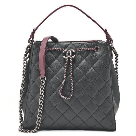 CHANEL 2-way Chain Shoulder Bag Matelasse Drawstring Type Caviar Skin Coco Charm Black ｘ Bordeaux Silver-Tone Hardware, Pre-Owned