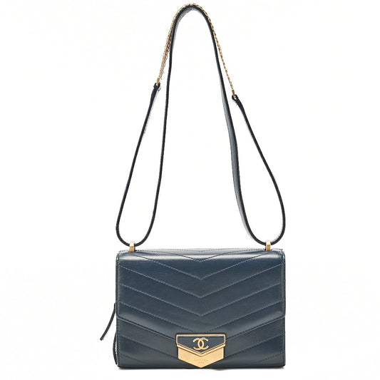CHANEL Calfskin V-Stitch Chevron Beauty Coco Chain Shoulder Navy Gold-Tone Hardware, Pre-Owned