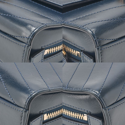 シャネル カーフスキン Vステッチ シェブロン ビューティーココ チェーンショルダーバッグ ネイビー ゴールド金具 中古品