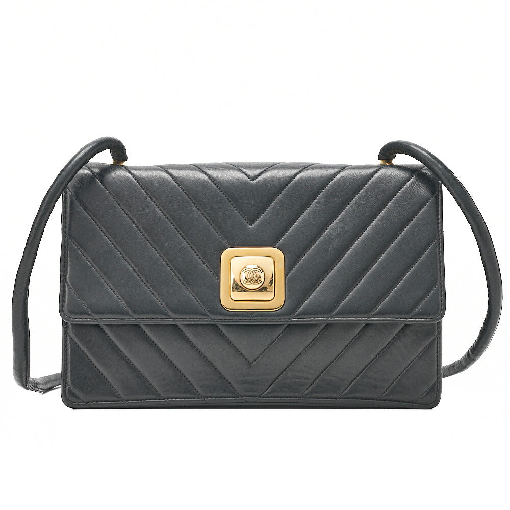 CHANEL Lambskin V-Stitch Pushlock Shoulder Bag Black Gold-Tone Hardware, Pre-Owned