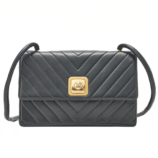 CHANEL Lambskin V-Stitch Pushlock Shoulder Bag Black Gold-Tone Hardware, Pre-Owned