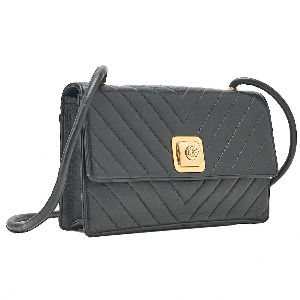 CHANEL Lambskin V-Stitch Pushlock Shoulder Bag Black Gold-Tone Hardware, Pre-Owned