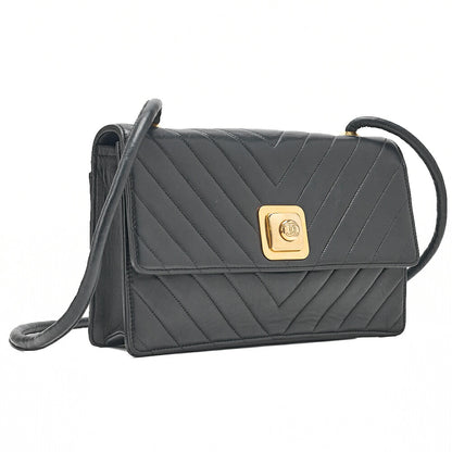 CHANEL Lambskin V-Stitch Pushlock Shoulder Bag Black Gold-Tone Hardware, Pre-Owned