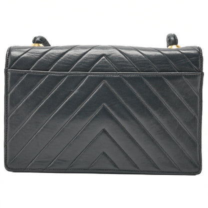 CHANEL Lambskin V-Stitch Pushlock Shoulder Bag Black Gold-Tone Hardware, Pre-Owned