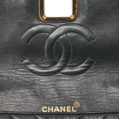 CHANEL Lambskin V-Stitch Pushlock Shoulder Bag Black Gold-Tone Hardware, Pre-Owned