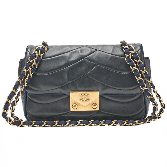 CHANEL Lambskin Diagonal Stitch Coco Mark Chain Shoulder Dark Navy Gold-Tone Hardware, Pre-Owned