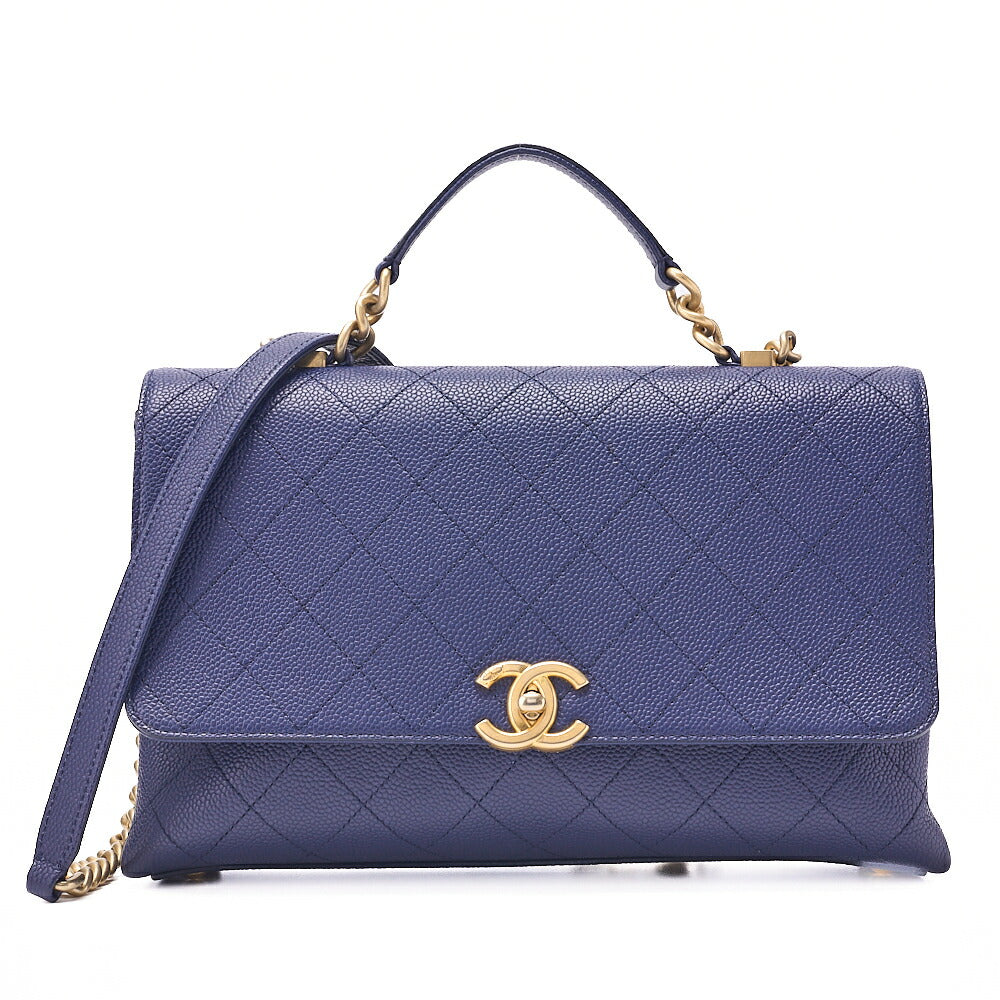CHANEL Matelasse Caviar Skin Straight Flap 2WAY Chain Shoulder Bag Navy Gold-Tone Hardware, Pre-Owned