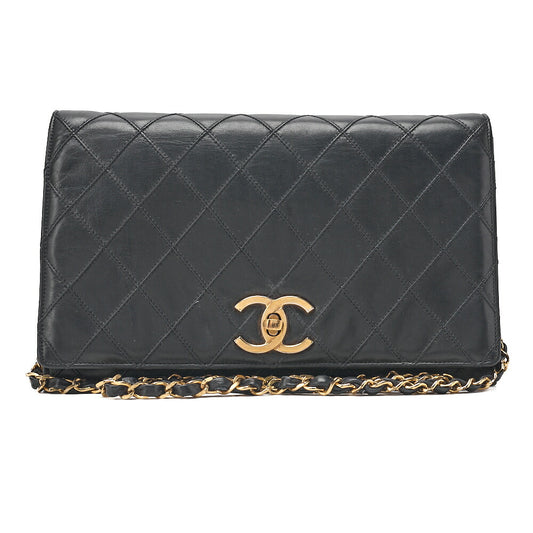 CHANEL Lambskin Matelasse Full Flap Turn Lock Chain Shoulder Black Gold-Tone Hardware, Pre-Owned