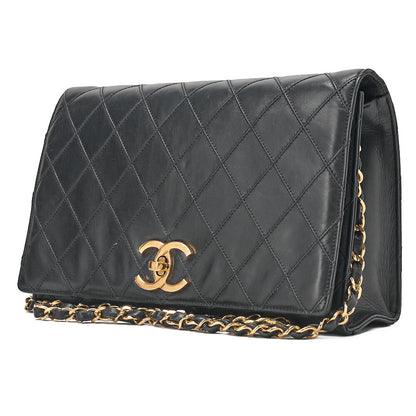 CHANEL Lambskin Matelasse Full Flap Turn Lock Chain Shoulder Black Gold-Tone Hardware, Pre-Owned