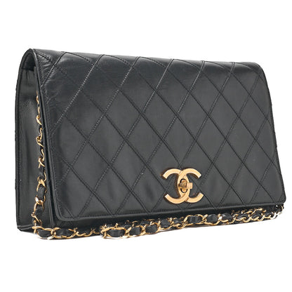 CHANEL Lambskin Matelasse Full Flap Turn Lock Chain Shoulder Black Gold-Tone Hardware, Pre-Owned