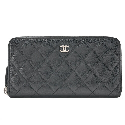CHANEL Matelasse Round Long Wallet Caviar Skin Black (Silver-Tone Hardware, Pre-Owned