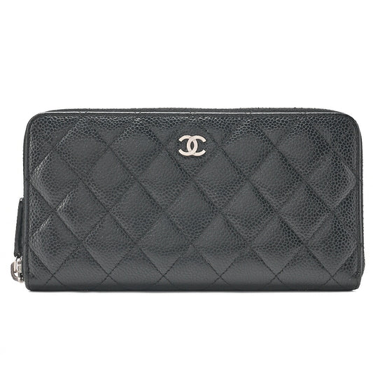 CHANEL Matelasse Round Long Wallet Caviar Skin Black (Silver-Tone Hardware, Pre-Owned