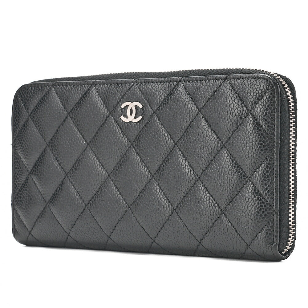 CHANEL Matelasse Round Long Wallet Caviar Skin Black (Silver-Tone Hardware, Pre-Owned