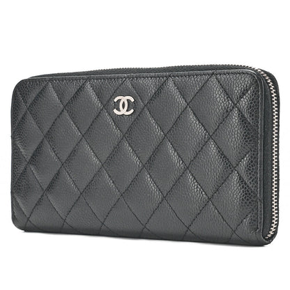 CHANEL Matelasse Round Long Wallet Caviar Skin Black (Silver-Tone Hardware, Pre-Owned