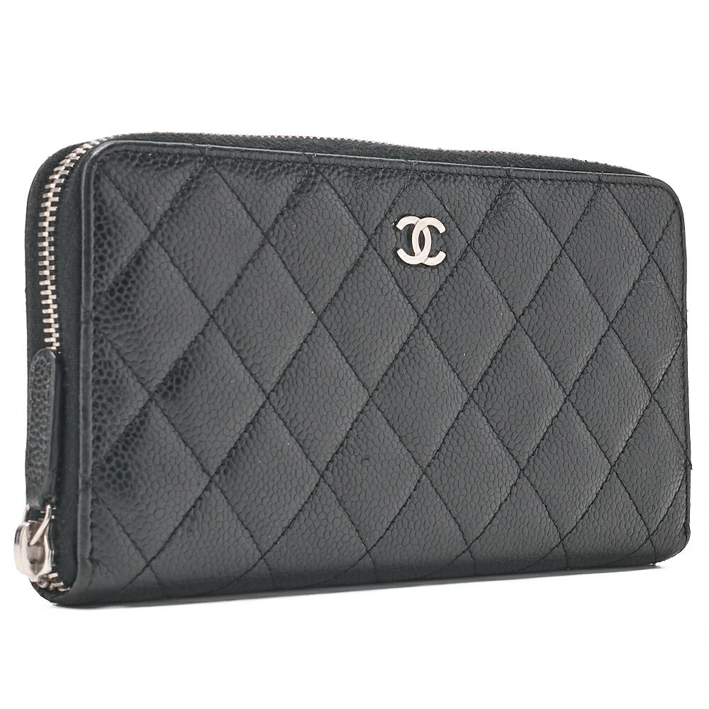 CHANEL Matelasse Round Long Wallet Caviar Skin Black (Silver-Tone Hardware, Pre-Owned